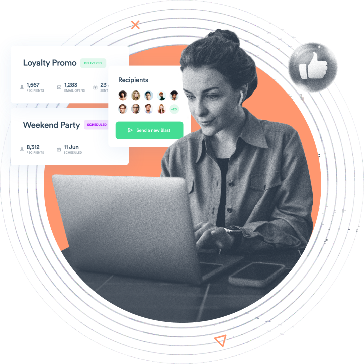 Beambox graphic featuring a woman working on email marketing campaigns on a laptop against an orange circular background.