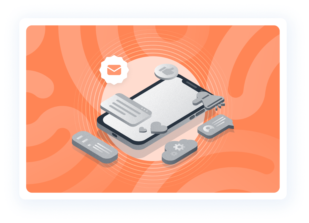 Beambox graphic featuring a smartphone and various icons symbolizing email and messaging with an abstract orange backdrop.