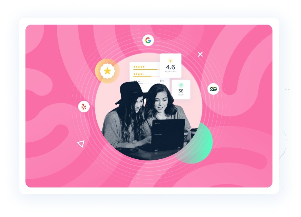 Beambox graphic featuring two women looking at a laptop set against a peach circle and a pink backdrop.