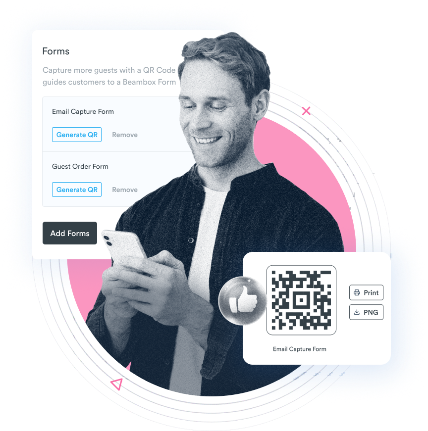 Beambox graphic featuring a man smiling at his phone with QR code options for forms on a graphic interface, set against a pink circle.