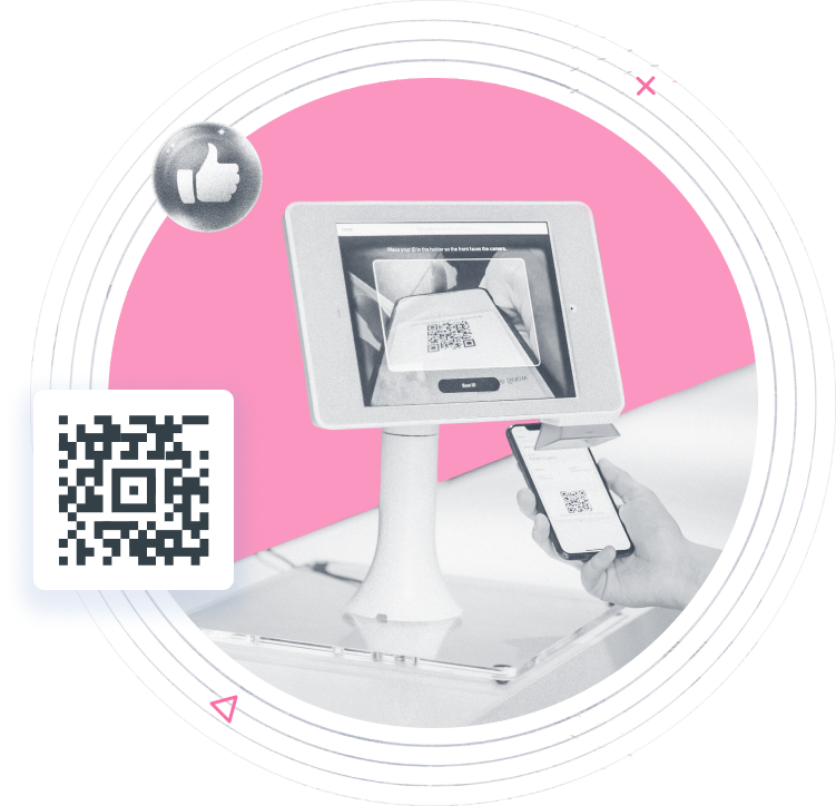 Beambox graphic featuring a QR code scanner scanning a QR code on a smartphone against a circular pink backdrop.