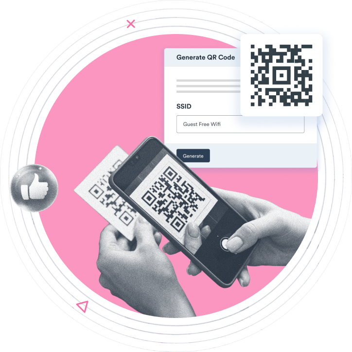 Beambox graphic of a smartphone scanning a QR code and a QR code generation interface on a pink circular backdrop.
