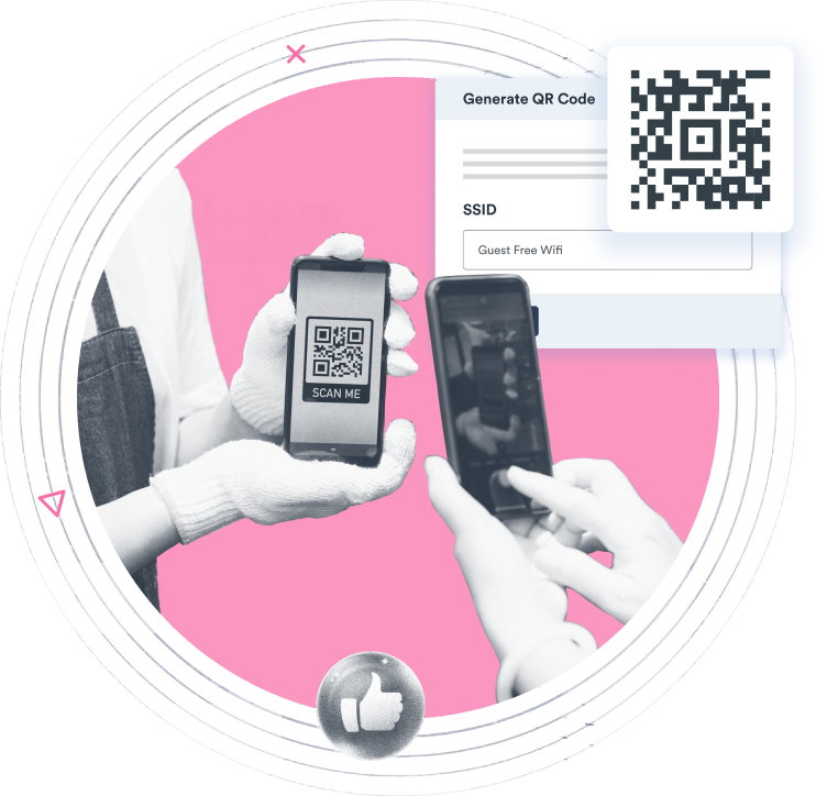 Beambox graphic featuring two phones with a QR code next to a QR code generation interface on a pink and white design.